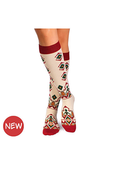 Pirin Hill Women's 3/4 long cotton socks with traditional Romanian motifs Ecru