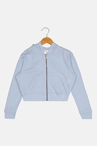 R+R Kids Girl Waffle Knit Full Zip Cropped Hoodie, Light Blue