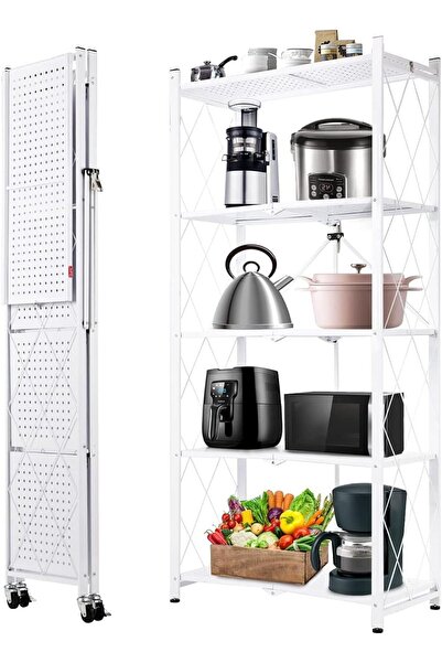 Gogoya 5-Tier Foldable Rolling Metal Storage Shelf (White)