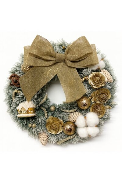 OEM Christmas Wreath, 35 cm, Realistic Snowy Artificial Fir, Handcrafted, with Cones and Baubles, Gold