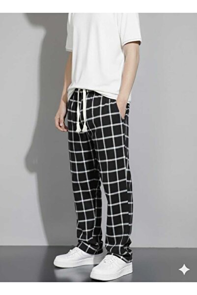 Lawina Giyim Unisex Ekose Siyah Kareli Beyaz Çizgili Pijama Eşofman