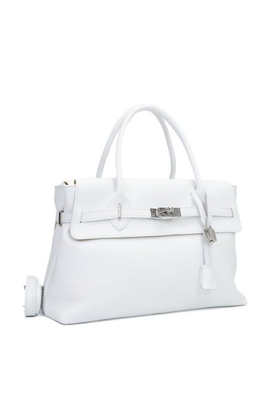 Posete Fagaras Lelia Leather Purse - White, 3 Compartments, 3 Pockets, Adjustable Strap max. 115 cm