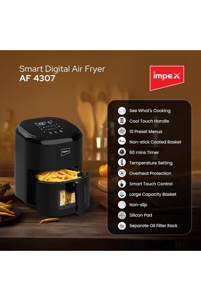 İMPEX AF 4307 Air Fryer, Adjustable Temperature, Overheat Protection, 4.5L, 1200W, Black