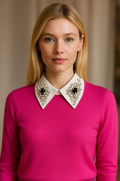 AKSESURLARIM KRİSTAL TAŞLI ÖZEL GÖMLEK YAKA BEYAZ