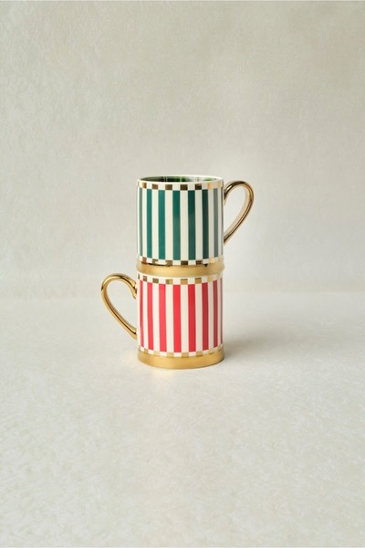 Karaca New Year Red and Green Striped 2-Piece Mug Set 330 ml