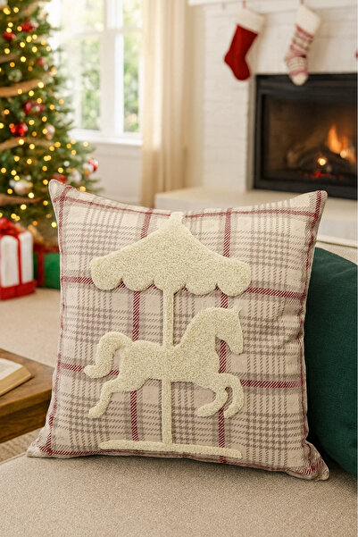 Pilloveland Punch Nakışlı Kırlent Kılıfı - 43*43 Cm - Krem Ekose Pony - PNK001