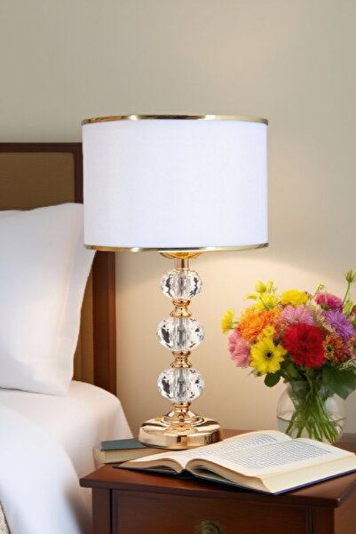 571 Store 3-Stone 55 cm Table Lampshade Glass Body Fabric Headboard Metal Leg Night Light Lighting