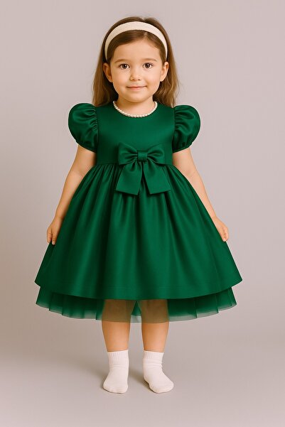 MadyaButik Girl's Front Back Bow Detailed Collar Pearl Ball Gown Party Graduation Birthday Dress