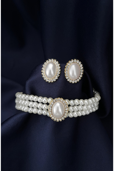 Happyline İncili gold kaplama tasma choker kolye küpe takım özel tasarım