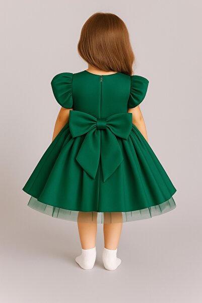 MadyaButik Girl's Front Back Bow Detailed Collar Pearl Ball Gown Party Graduation Birthday Dress