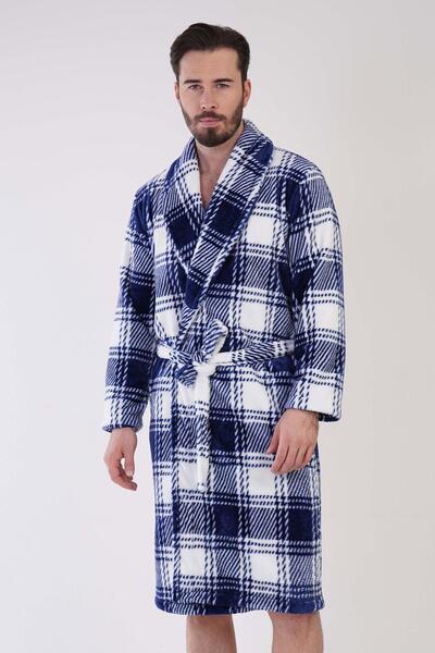 REN Robă pentru bărbați, albastră, super moale, în carouri, Vienetta Welsoft,...