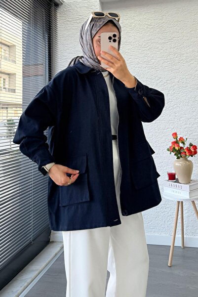 MELEK ARAZ Cep Detaylı Gabardin Kısa Trençkot – Lacivert