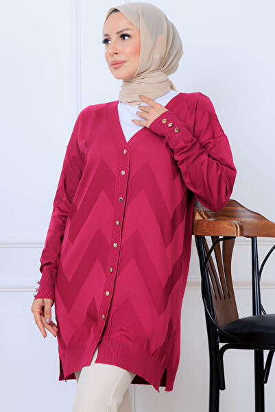 benguen Patterned Long Mercerized Cardigan N3193 Fuchsia