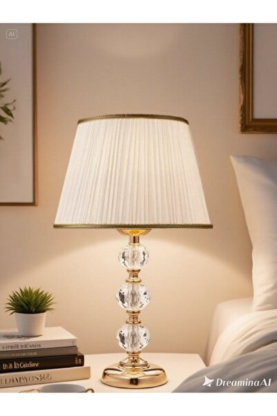 571 Store 3-Stone 55 cm Table Lampshade Glass Body Fabric Headboard Metal Leg Night Light Lighting