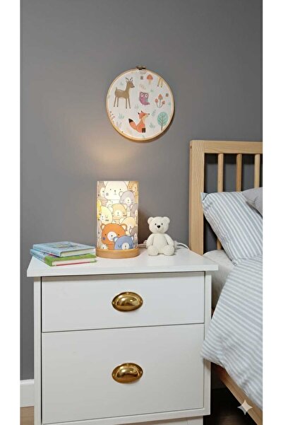 poplinhome Ahşap Taban Kumaş Şapka Çocuk Odası Abajur Masa lambası