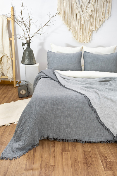 YASEMİNİNEVİ Müslin / Antrasit / Gri Yatak Örtüsü Pike (200x230cm) + 2 Yastık...