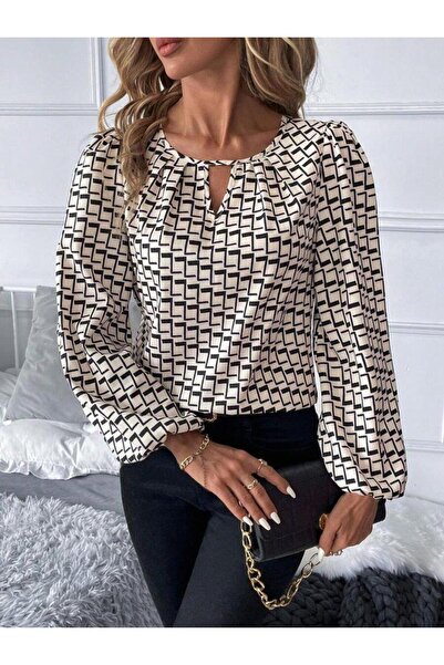 GENCULUS Women's Long Sleeve Drop Detail Collar Patterned Single Jersey Blouse