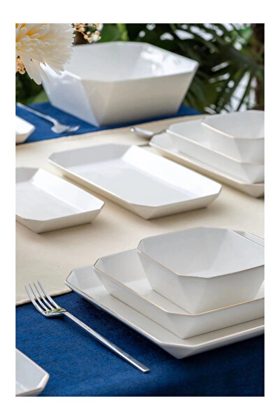 ACAR PORWM5375 Gold Detaylı Beyaz Kare Porselen Yemek Takımı 29 Parça