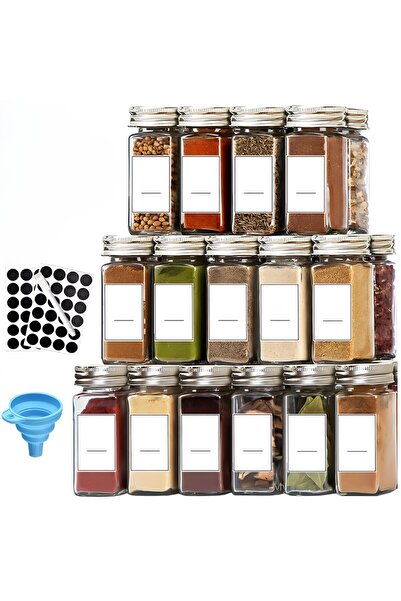 MACVI ® 24-Piece Spice Organizer Set – Glass Jars with Aluminum Lids, Funnel, Brush & Labels