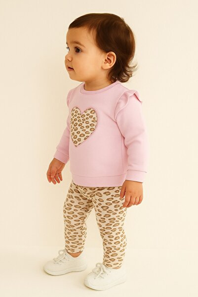 dinamik çocuk Baby Girl Leopard Patterned Heart Embroidered 2-Piece Set (Sweatshirt + Leggings) 3-6-9-12Months