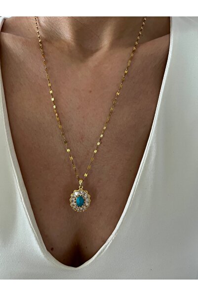 Hoop jewelery çelik zincir turkuaz renk taşlı kolye ucu