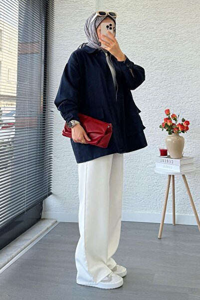 MELEK ARAZ Cep Detaylı Gabardin Kısa Trençkot – Lacivert