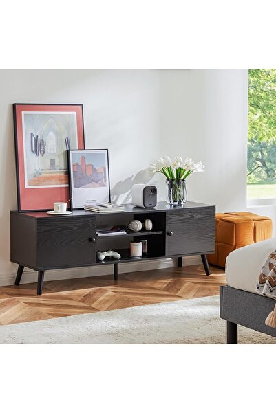 Gogoya TV Stand for 55–60 inch TVs, Mid-Century Modern Entertainment Center, 2 Cabinets (Black)