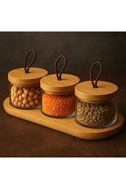 YzHome 3-Piece Glass Food Storage Container Jar with Bamboo Stand, Top Handle