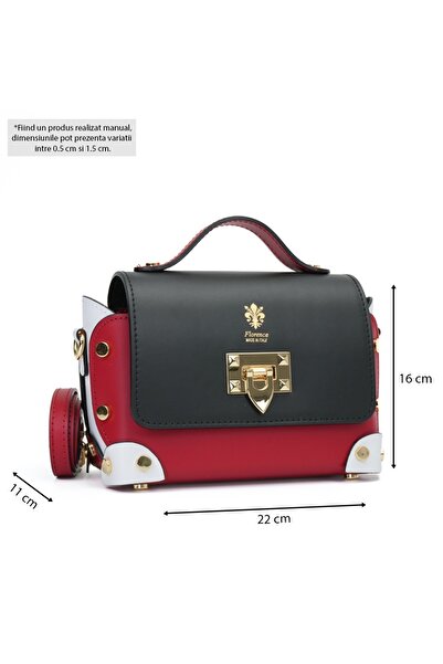 Posete Fagaras Natalia Leather Purse - Red - Black, 1 Compartment, Adjustable Strap 130 cm