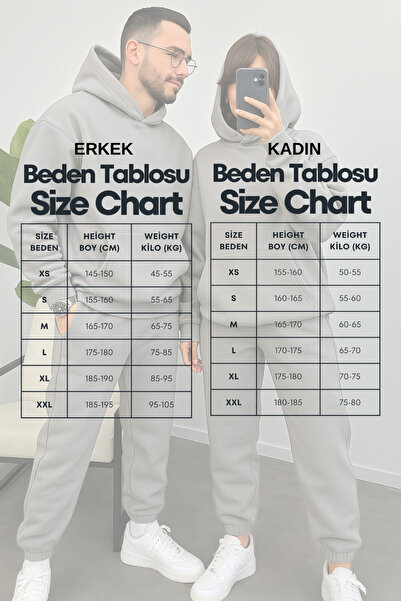 YAKAMEL Kadın Erkek Trend Model Çiftlere Özel 3 Iplik Oversize Kışlık Kalın Eşofman Takımı (TEKLİ)