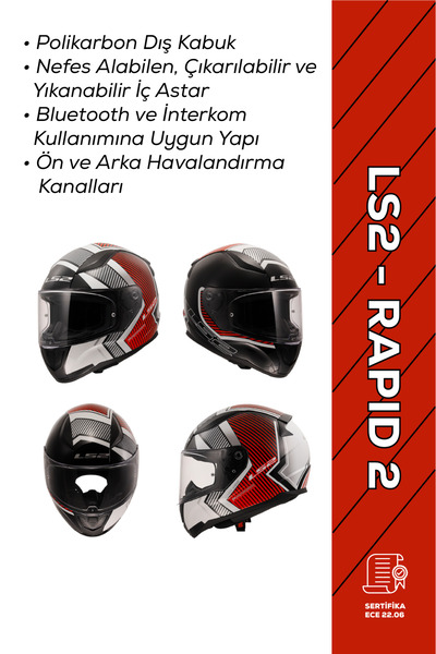 LS2 Rapid 2 Ekstra Beyaz-Kırmızı Motosiklet Kaskı – Full Face, Güvenli & Konf...