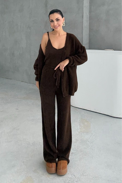 My Blog Brown 3-Piece Plush Cardigan Set - 1010