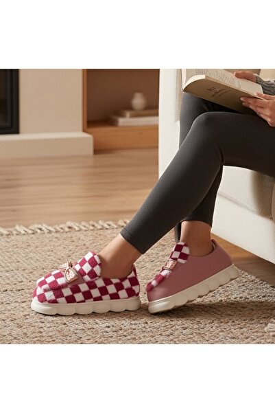 OEM Fluffy and warm slippers for women, plaid pattern, F-4