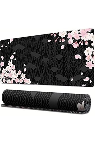 Other ICV Gaming Mouse Pad XL 80×30 cm - Non-slip Rubber, Black Wave Cherry Blossoms