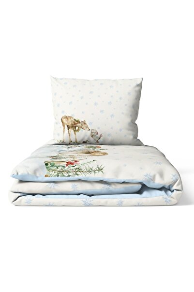 Club Cotton Χριστουγεννιάτικα σεντόνια 3D για 1 άτομο, λευκά με ταράνδους και νιφάδες χιονιού, 100% βαμβάκι, γιασεμί