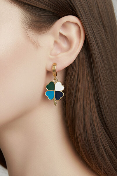 Modacaprea Çelik Yonca Mavi Klipsli Sallantılı Kadın Küpe I Karamaz Kadın Çelik Küpe