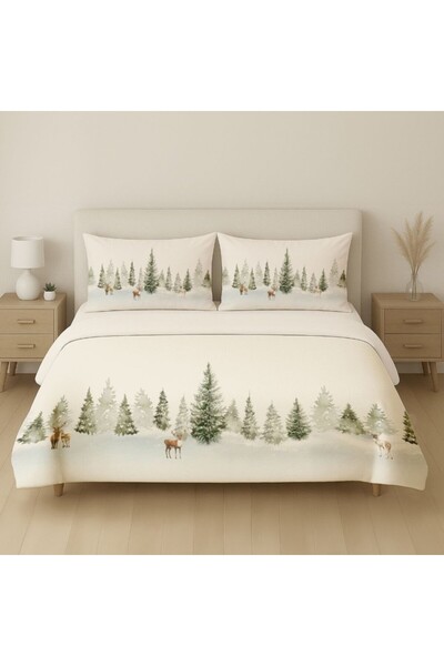 Lenjerii Deosebite Διπλά σεντόνια Χριστουγεννιάτικα 3D με έλατα και ταράνδους, 100% βαμβάκι ranforce, πεύκο