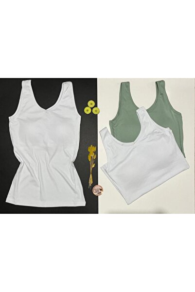 VELOURE Kadın Atlet Sütyenli V Yaka Modal 1 Adet Yeşil 1 Adet Beyaz Renk Pedl...