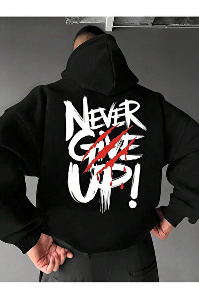 YUVEST Hanorac negru Blackrock unisex supradimensionat NEVER GİVE UP B cu imp...