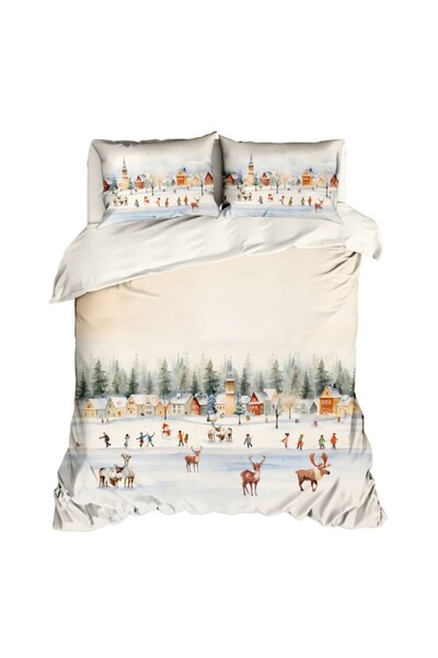 Lenjerii Deosebite Διπλά Χριστουγεννιάτικα 3D σεντόνια με χειμερινό τοπίο, 100% βαμβάκι ranforce, Joy