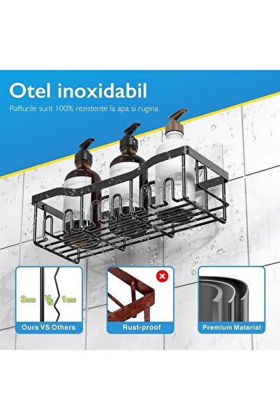 MACVI ® 5 Rafturi negre din inox, fără găurire, baie/bucătărie, moderne și durabile