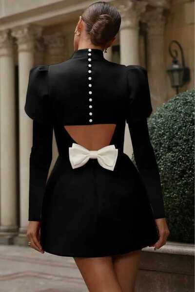Kokosh moda فستان أطلس قصير بأكمام طويلة للنساء مع تفاصيل شريطية على الظهر