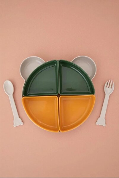 Bayev Yogi Green Teddy Bear 4-Compartment Food Feeding Plate and Fork Spoon Set