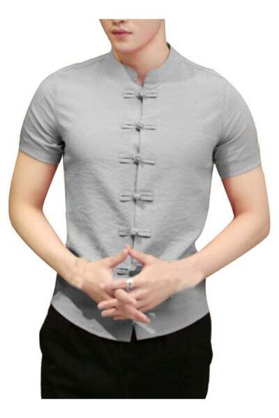 Generic قميص تانغ كونغ فو بأكمام قصيرة - رمادي