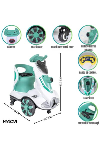 MACVI ® Kids Electric Scooter, bubble machine, music & LED, 360° spin, remote, 6V, max 25 kg, green