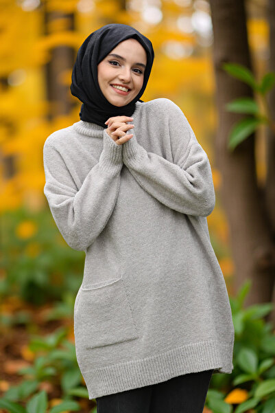 Qlees Fashion Women's Boucle Fabric Pocketed Gray Knit Sweater Oversized Daily Comfortable Model