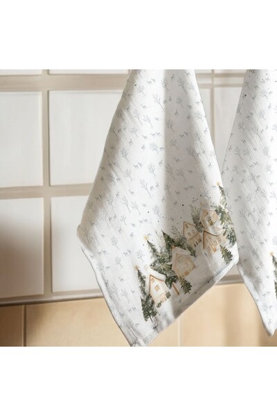 Lenjerii Deosebite Prosop de bucatarie Craciun cu brazi si casute, 40x65cm, bumbac 100%, Snowy