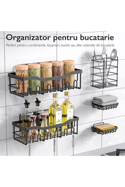 MACVI ® 5 Rafturi negre din inox, fără găurire, baie/bucătărie, moderne și durabile