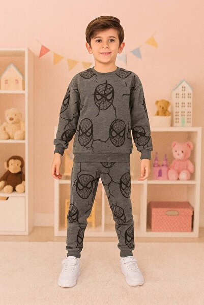 Little Miny Kids Spiderman Pattern Gray 2Thread Ş Fleece-Lined Boys' Bottom and Top Set