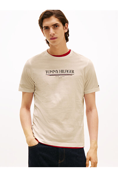 Tommy Hilfiger BRAND LOVE HILFIGER TEE Erkek Bej T-Shirt - MW0MW40324